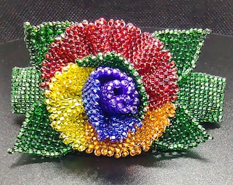 Hand Crafted Winter Maiden Beaded Feather Fan Hair Accessories Barrette Beaded Feather Barrette: Rose Maiden Picture Cabochon  main image 3