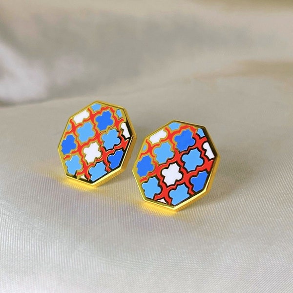 Moroccan Trellis Octagon Earrings, Moroccan Jewelry, Enamel, Morocco Earrings