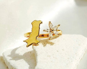 Pakistan Watan Ring | Jasmine Flower and Map Jewelry | Pakistani Homeland Ring | Cultural Country Jewelry for Women | Adjustable Map Ring