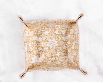 Noor Plate | Beige and Gold Bird Pattern Fabric Plate | Jewelry Holder | Cultural Dish For Decor | Fabric Tray