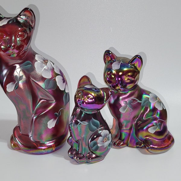 THREE Fenton stylized Demask h.p. ruby red carnival cats limited edition 476/1500