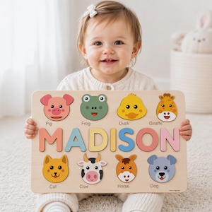 Custom Name Puzzle with Animals, Personalized Baby Gift, First Birthday Gift, Christmas Present, 0-3 Years Personalized Toy