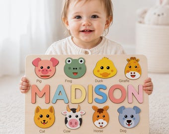 Personalisiertes Namenspuzzle mit Tieren, Babygeschenk, Geschenk zum ersten Geburtstag, Weihnachtsgeschenk, Spielzeug für Kinder von 0-3 Jahren