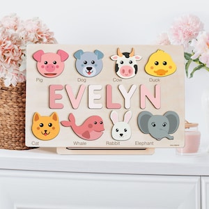 Personalized Gifts for Baby Girls, Custom Toys for Baby, Toddlers Name Puzzle, Wooden Name Puzzle, Christmas Gift, Puzzle with Animals