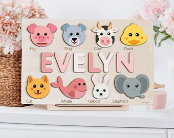 Personalized Gifts for Baby Girls, Custom Toys for Baby, Toddlers Name Puzzle, Wooden Name Puzzle, Christmas Gift, Puzzle with Animals