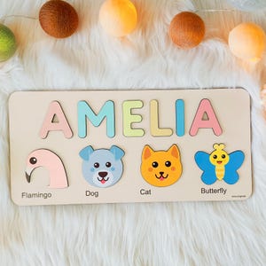 Animals Wooden Name Puzzle | Busy Board Puzzle | Toddler Toys | Baby Girl Gifts | Gift for Kids | Baby First Easter Present | Birthday Gifts