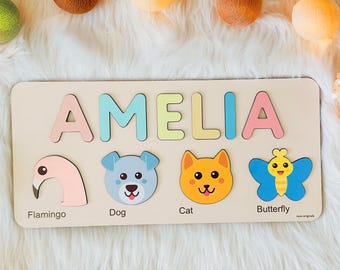 Animals Wooden Name Puzzle | Busy Board Puzzle | Toddler Toys | Baby Girl Gifts | Gift for Kids | Baby First Easter Present | Birthday Gifts
