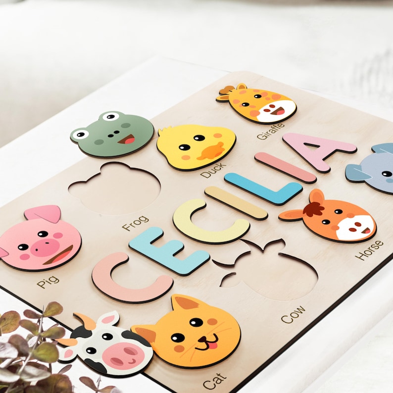 Wooden Busy Board Puzzle | Personalized Name Puzzle with Animals | Baby Girl and Boy Gift | First Christmas Gift | Wood Toy for One Year Old image 1