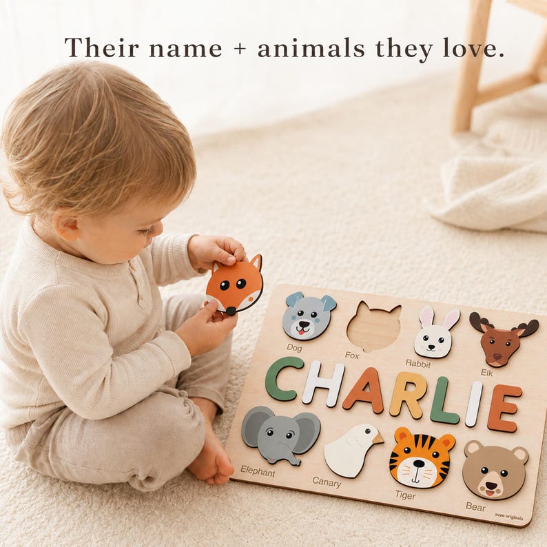 Animals Wooden Name Puzzle, 0-3 Years Old Personalized Gift: Patented and Certified Design bild 7