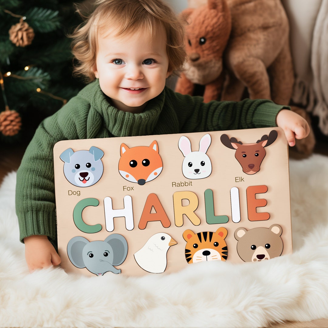 Baby Custom Name Puzzle With Animals, Custom Handmade Birthday Gift for