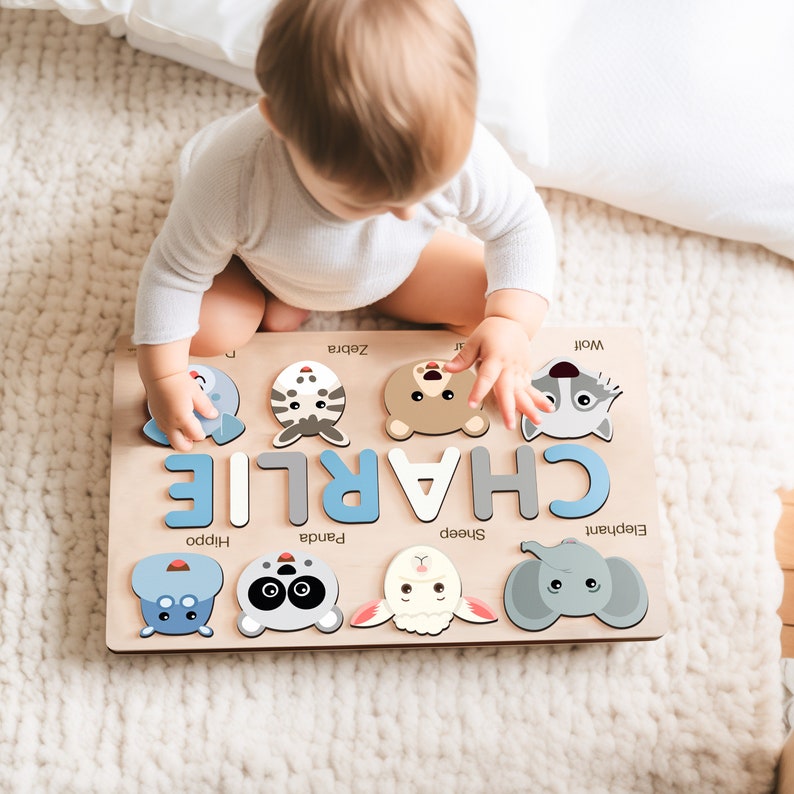 Custom Handmade Name Puzzle with Animals, Personalized Birthday Gift for Kids, Christmas Gifts for Toddlers, Unique New Baby Gift, Wood Toy image 2