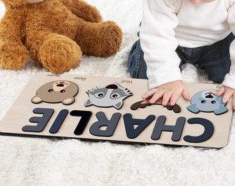 Wood Girl and Boy Name Puzzle with Animals | Personalized Boy and Girl Gift | Baby Name Toy | 0,1,2,3 Years Old Gifts and Toy | Toddler Gift