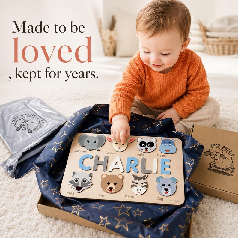 Animals Wooden Name Puzzle, 0-3 Years Old Personalized Gift: Patented and Certified Design bild 3