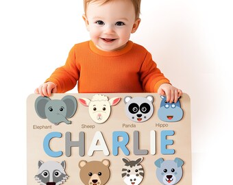 Personalized Name Puzzle with Animals, Baby Girl Gift, Baby Personalized Gift, Educational Toy, Baby First Easter Gift, 1st Birth