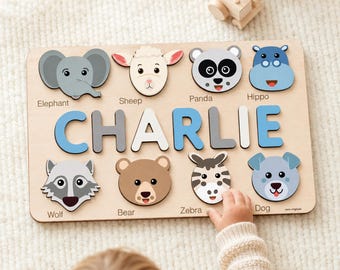 Custom Name Puzzle with Animals, Personalized Baby Gift, First Birthday Gift, Christmas Present, 0-3 Years Personalized Toy