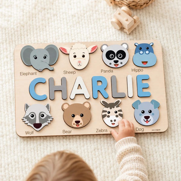Gepersonaliseerde naampuzzel met dieren, babycadeau, eerste verjaardagscadeau, kerstcadeau, gepersonaliseerd speelgoed voor kinderen van 0-3 jaar.