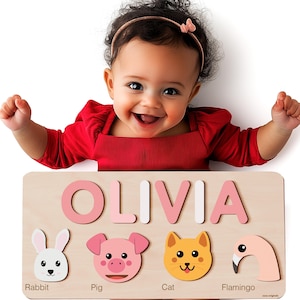 Personalized Name Puzzle with Animals, Baby Shower, Handmade Wooden Toys, Gift for 1st 2nd 3rd Birthday, Custom Name Puzzle, Gift for Kids