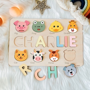 Personalized Name Puzzle with Animals | Custom Baby Girl and Boy Birthday Gift | Emerald Green Toddlers Christmas Gift | Unique Baby Gift