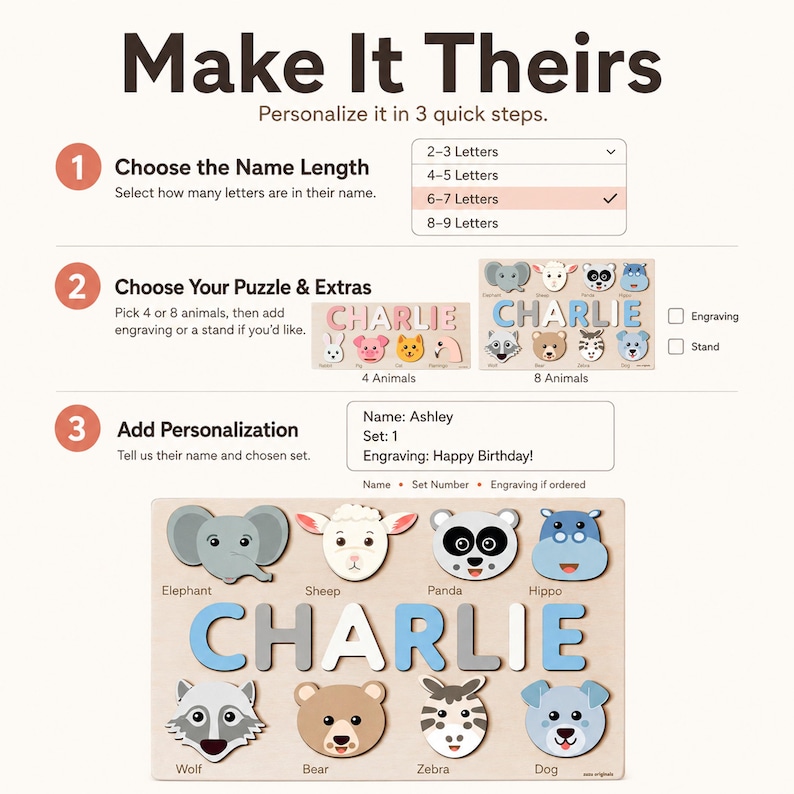 Animals Wooden Name Puzzle, 0-3 Years Old Personalized Gift: Patented and Certified Design bild 8