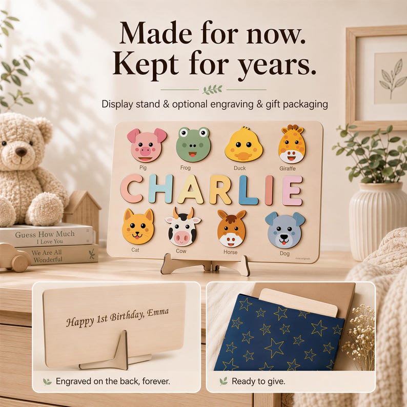 Animals Wooden Name Puzzle, 0-3 Years Old Personalized Gift: Patented and Certified Design bild 11