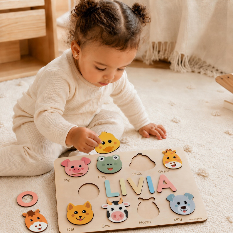 Animals Wooden Name Puzzle, 0-3 Years Old Personalized Gift: Patented and Certified Design bild 2
