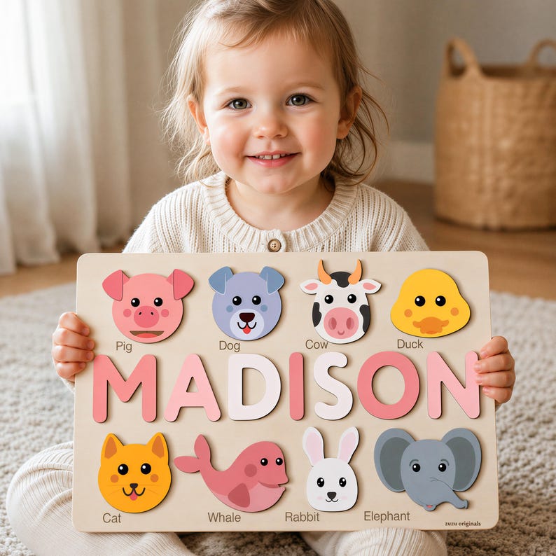 Animals Wooden Name Puzzle, 0-3 Years Old Personalized Gift: Patented and Certified Design bild 1
