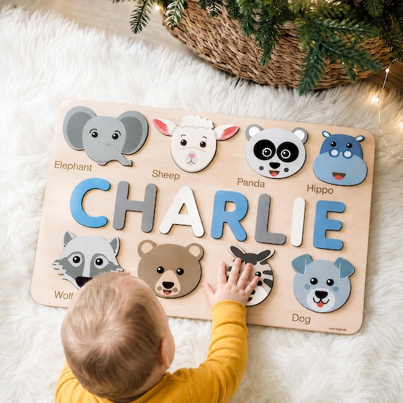 Animals Wooden Name Puzzle, 0-3 Years Old Personalized Gift: Patented and Certified Design