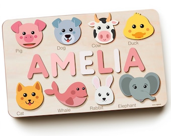 Animals Name Puzzle for Toddler Girl, Cute Gifts For Baby, Wood Toy, Girl and Boy Name Puzzle, Baby Shower, Gift for Toddlers, Custom Puzzle