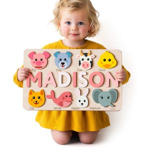 1st Birthday Gift, Rainbow Name Puzzle, Wooden Name Puzzle, First Birthday Gift, Baby Gift, Woodland Animals Nursery, Sensory Wooden Toys