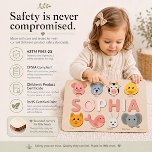 Animals Wooden Name Puzzle, 0-3 Years Old Personalized Gift: Patented and Certified Design bild 10