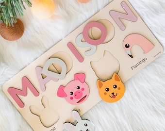 Personalized Name Puzzle With Animals Christmas Gifts for Kids Baby Shower Wooden Toddler Toys First Birthday 1st Girl and Boy Custom Toy