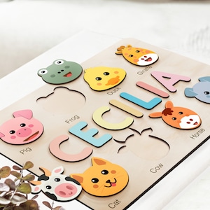 Wooden Busy Board Puzzle | Personalized Name Puzzle with Animals | Baby Girl and Boy Gift | First Christmas Gift | Wood Toy for One Year Old