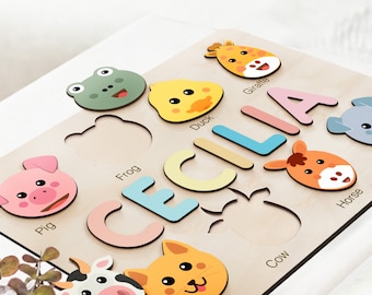 Wooden Busy Board Puzzle | Personalized Name Puzzle with Animals | Baby Girl and Boy Gift | First Christmas Gift | Wood Toy for One Year Old