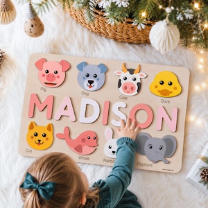 Animals Wooden Name Puzzle, 0-3 Years Old Personalized Gift: Patented and Certified Design