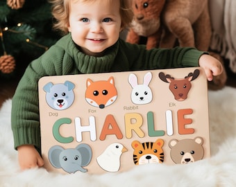 Baby Custom Name Puzzle with Animals, Custom Handmade Birthday Gift for Kids, Christmas Gifts for Toddlers, Special New Baby Gift, Wood Gift