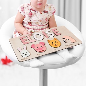 Personalized Name Puzzle With Animals, New Christmas Gifts for Toddlers, Wooden Toy, Baby Shower, Custom Toddler Toys, First Birthday Gifts