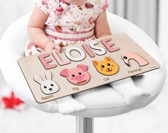 Personalized Name Puzzle With Animals, New Christmas Gifts for Toddlers, Wooden Toy, Baby Shower, Custom Toddler Toys, First Birthday Gifts