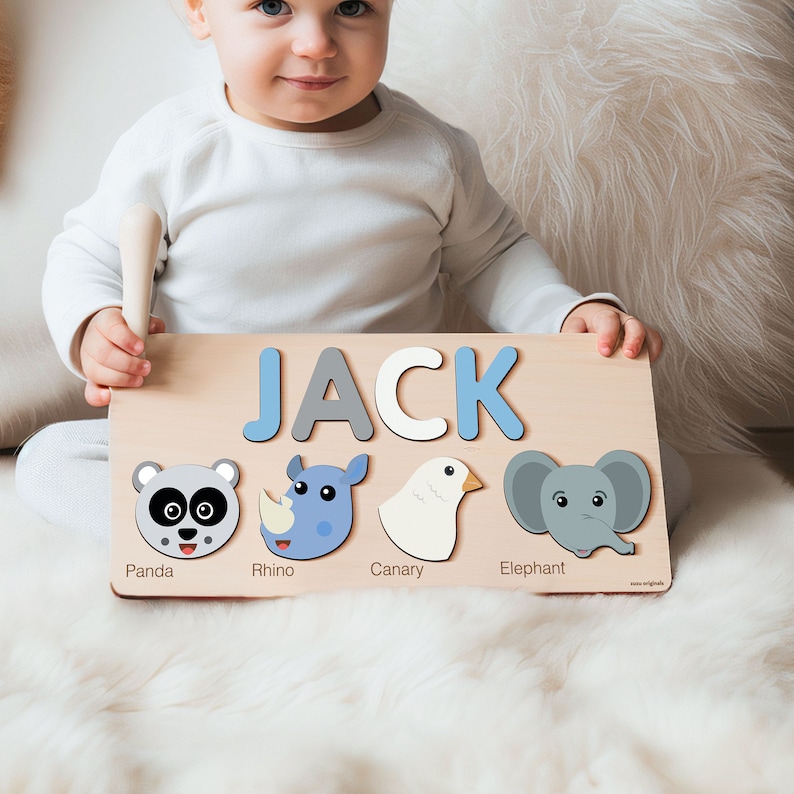 Custom Handmade Name Puzzle with Animals, Personalized Birthday Gift for Kids, Christmas Gifts for Toddlers, Unique New Baby Gift, Wood Toy image 8