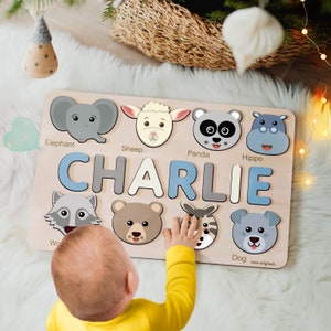 Custom Handmade Name Puzzle with Animals, Personalized Birthday Gift for Kids, Christmas Gifts for Toddlers, Unique New Baby Gift, Wood Toy afbeelding 1