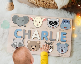 Custom Handmade Name Puzzle with Animals, Personalized Birthday Gift for Kids, Christmas Gifts for Toddlers, Unique New Baby Gift, Wood Toy