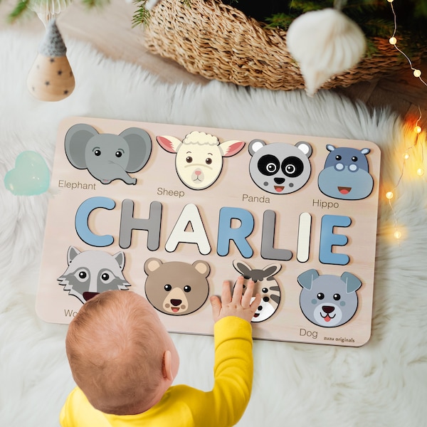 Custom Handmade Name Puzzle with Animals, Personalized Birthday Gift for Kids, Christmas Gifts for Toddlers, Unique New Baby Gift, Wood Toy
