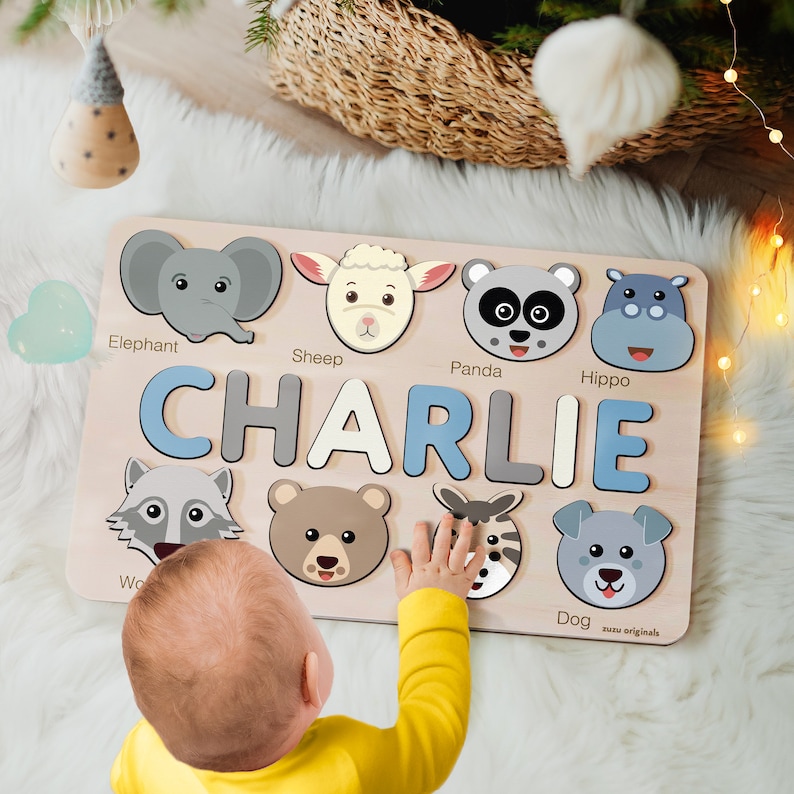 Custom Handmade Name Puzzle with Animals, Personalized Birthday Gift for Kids, Christmas Gifts for Toddlers, Unique New Baby Gift, Wood Toy imagen 1