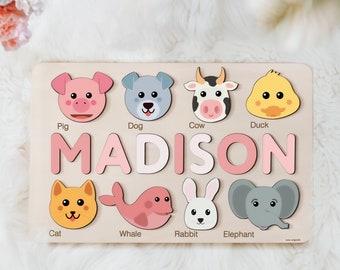 Animals Wooden Name Puzzle | Busy Board Puzzle | Toddler Toys | Baby Girl Gifts | Gift for Kids | Baby First Easter Present | Birthday Gift
