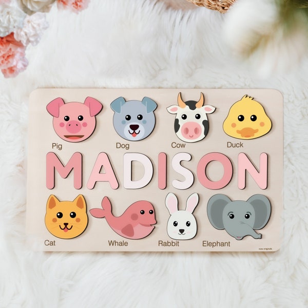 Animals Wooden Name Puzzle | Busy Board Puzzle | Toddler Toys | Baby Girl Gifts | Gift for Kids | Baby First Easter Present | Birthday Gift