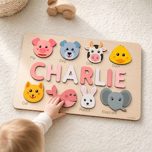 Animals Wooden Name Puzzle, 0-3 Years Old Personalized Gift: Patented and Certified Design