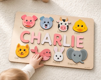 Animals Wooden Name Puzzle, 0-3 Years Old Personalized Gift: Patented and Certified Design
