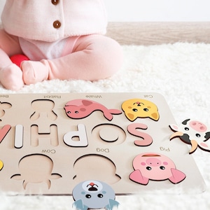 Name Puzzles, Personalized Baby Girl Gift, Custom Wooden Name Puzzle, Custom Name Puzzle with Animals, Name Sign, Wood Toy, Baby Shower Gift