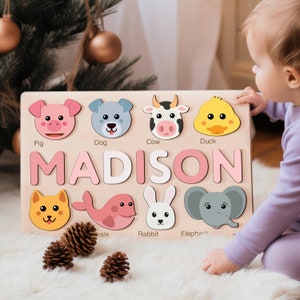 Custom Handmade Name Puzzle with Animals, Personalized Birthday Gift for Kids, Christmas Gifts for Toddlers, Unique New Baby Gift, Wood Gift