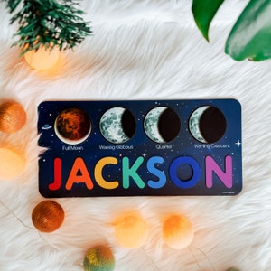 Handcrafted Moon Phases Wooden Puzzle | Personalized Space Themed Toy for Toddler | Perfect First Birthday, Christmas Gift | Baby Room Decor