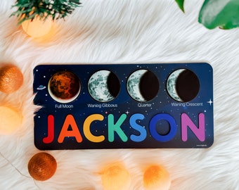 Handcrafted Moon Phases Wooden Puzzle | Personalized Space Themed Toy for Toddler | Perfect First Birthday, Christmas Gift | Baby Room Decor